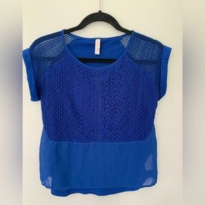 Crochet front shirt, with a sheer overlay, cobalt blue